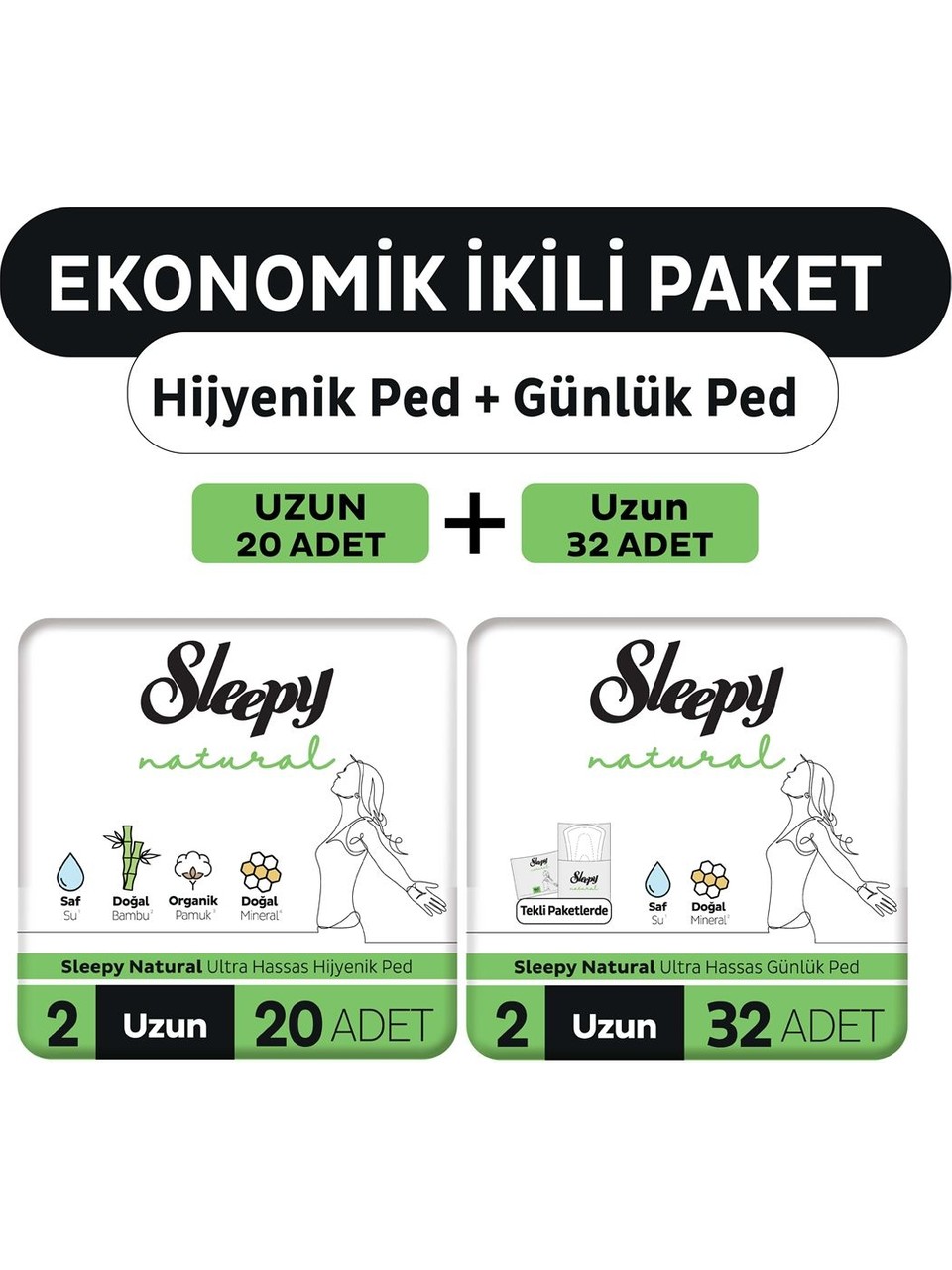 Sleepy Natural Ultra Hassas Hijyenik Ped Uzun 20´Li+Günlük Ped Normal 32´Li